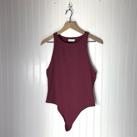 Babaton Burgundy High Neck Sleeveless Bodysuit Size L Nylon Blend Minimalist - Picture 1 of 9